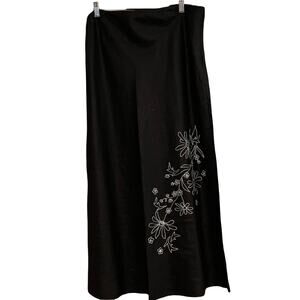 VTG Merona Women's Linen Embroidered Maxi Skirt Black Boho Cottagecore Size 14